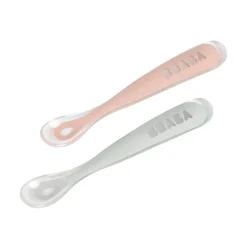 Lot 2 cuillères 1er âge silicone avec boite de transport Rose/Gris