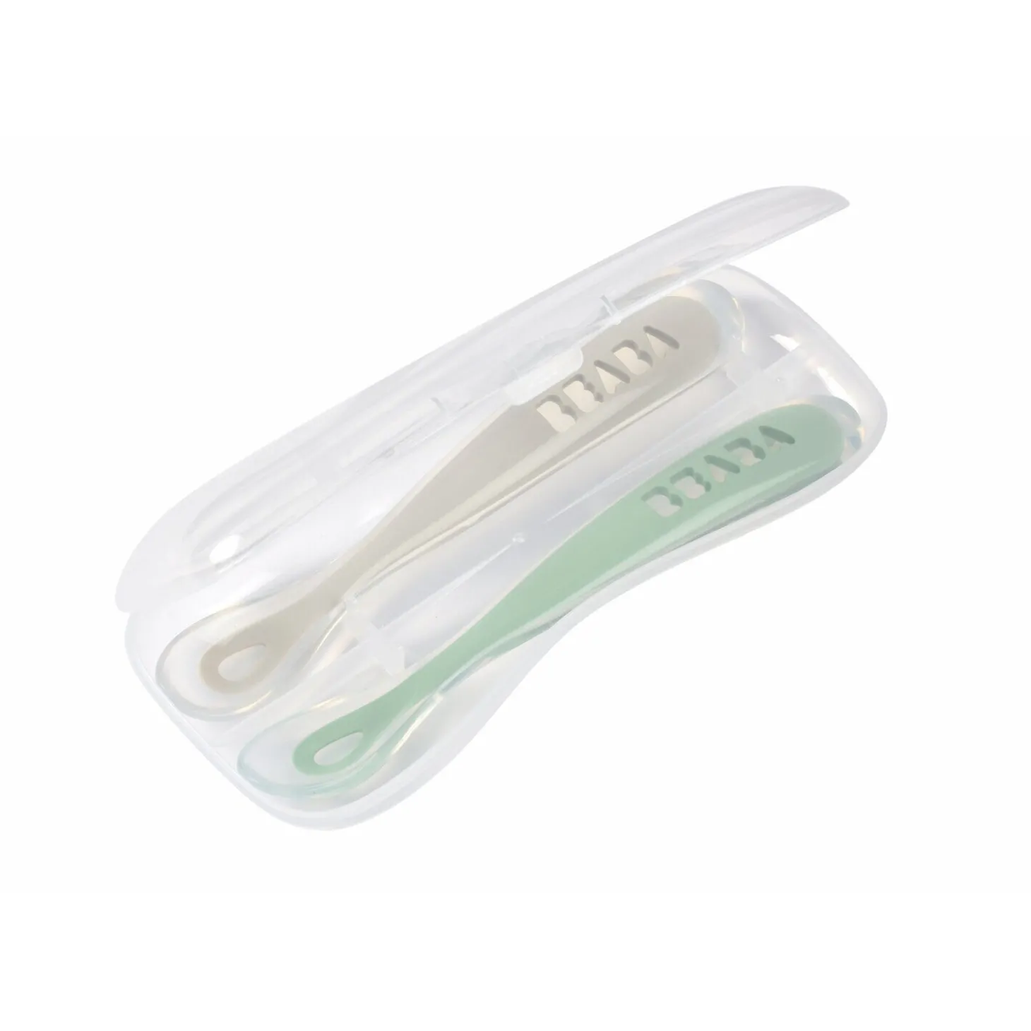 Lot 2 cuillères 1er âge silicone avec boite de transport Vert sauge/Gris velours